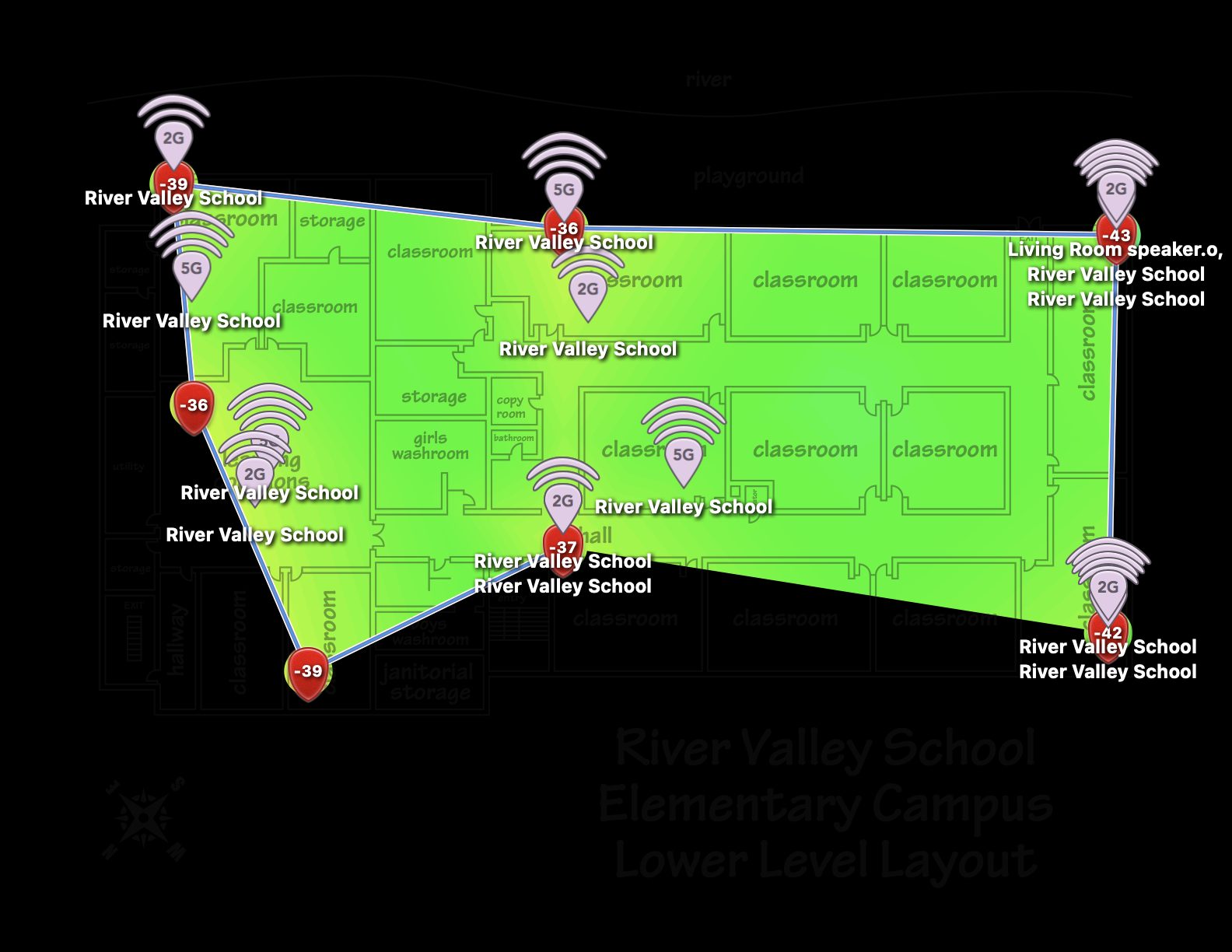 Lower Level signal strength heatmap, post-installation